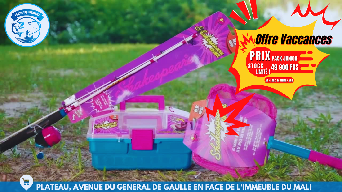 PACK JUNIOR - SHAKERSPEARE - Canne à Pêche + Moulinet + Boite à Pêche équipé + Epuisette